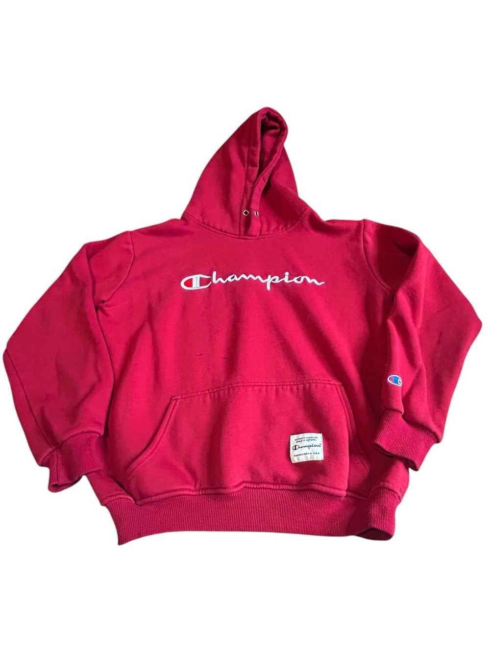 Vintage Champion Spellout Hoodie Red Distressed Y2K Large